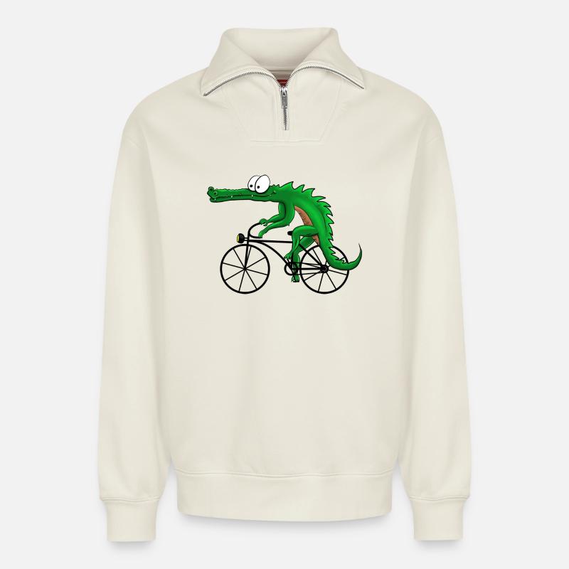 Crocodile avec vélo - Sweat unisexe décontracté en coton biologique à demi-zip – de SPREAD - blanc cassé