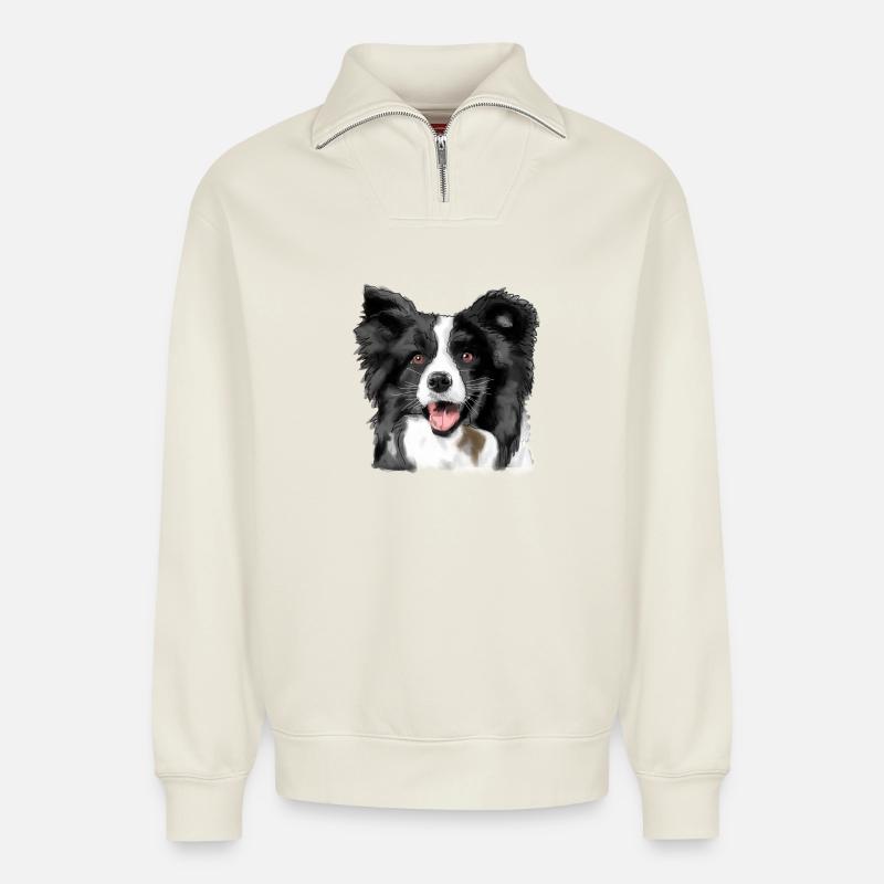 Border Collie - Sweat unisexe décontracté en coton biologique à demi-zip – de SPREAD - blanc cassé