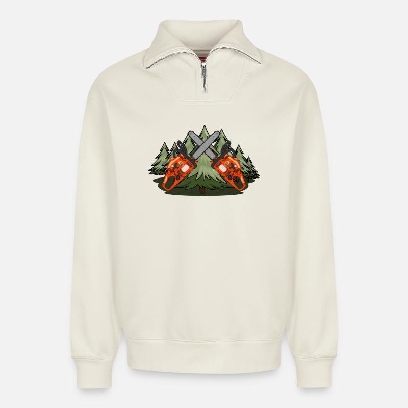 Kettensägen-Wald - Relaxed Unisex Organic Half Zip Sweatshirt – von SPREAD - Naturweiß