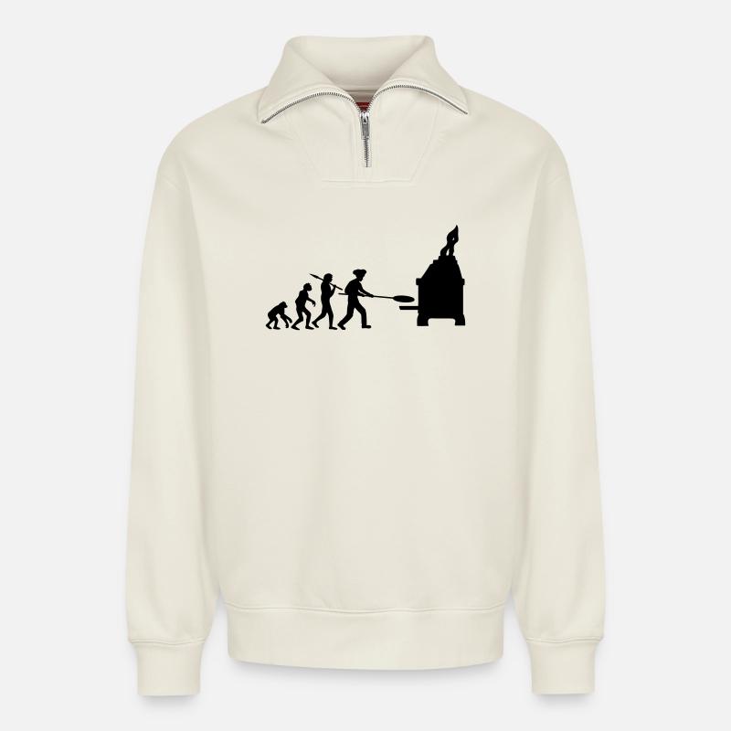 Evolution Pizza Bäcker - Relaxed Unisex Organic Half Zip Sweatshirt – von SPREAD - Naturweiß