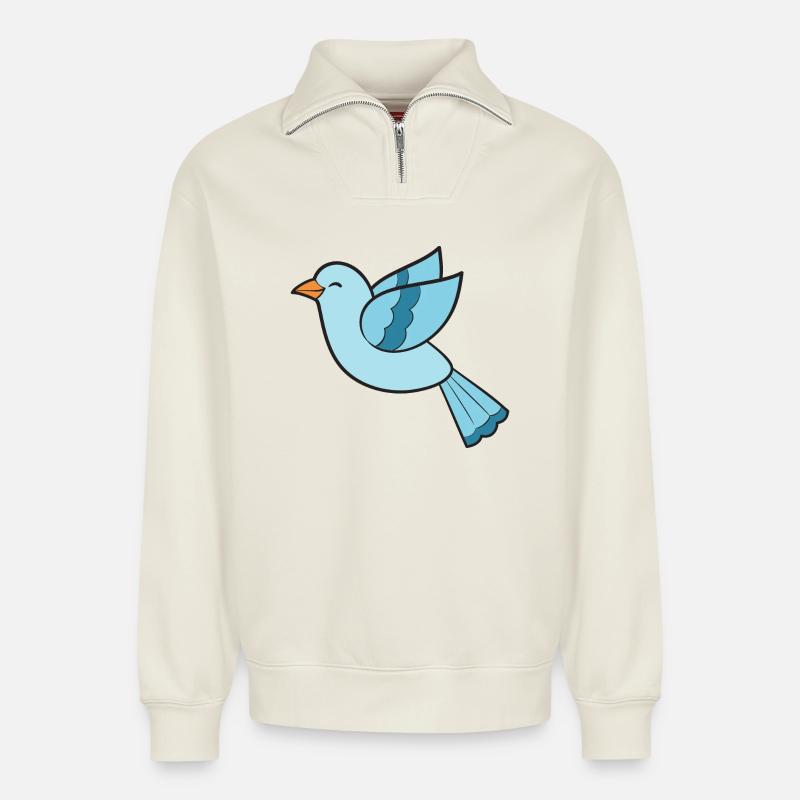 Oiseaux Oiseaux - Sweat unisexe décontracté en coton biologique à demi-zip – de SPREAD - blanc cassé