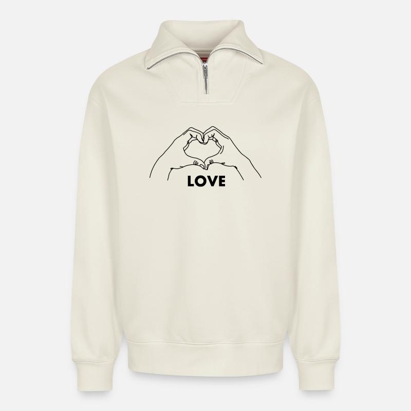 Handgeste Herz LIEBE - Relaxed Unisex Organic Half Zip Sweatshirt – von SPREAD - Naturweiß