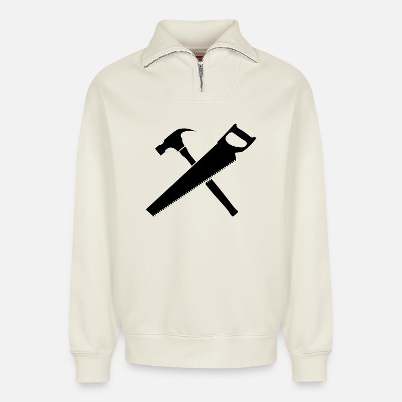 Tools carpenter hammer and saw - Relaxed Unisex Organic Half Zip Sweatshirt – by SPREAD - off white