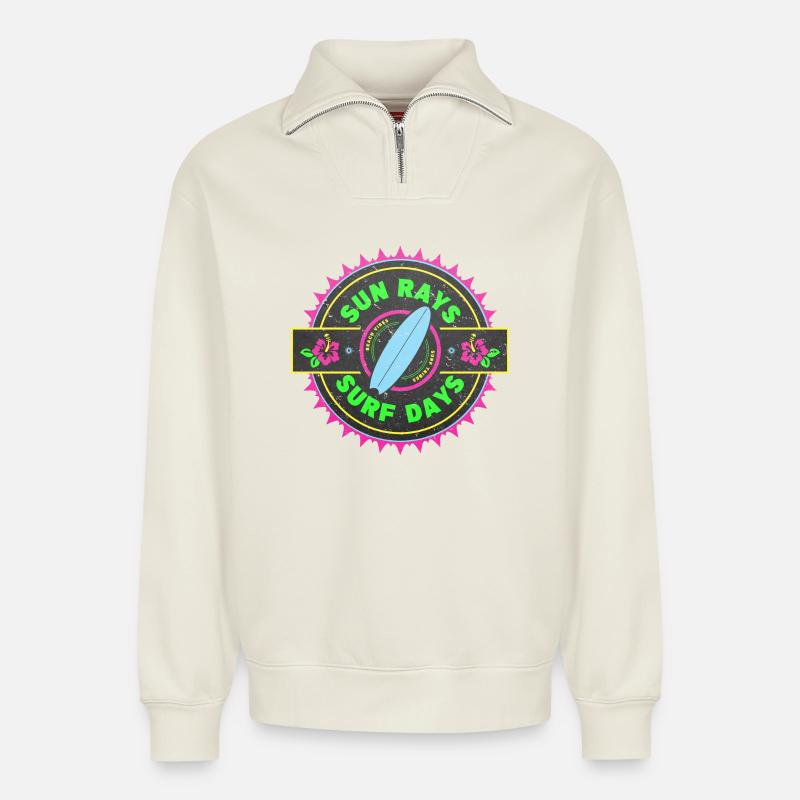Surf Retro Surfer Conception graphique - Sweat unisexe décontracté en coton biologique à demi-zip – de SPREAD - blanc cassé