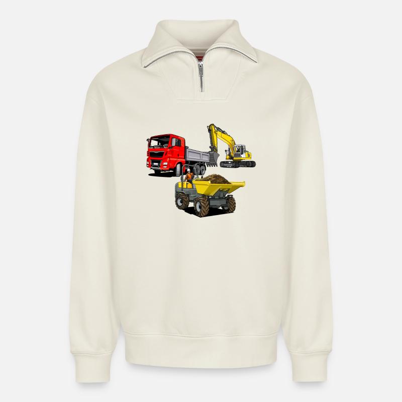 Construction site vehicles - Relaxed Unisex Organic Half Zip Sweatshirt – by SPREAD - off white