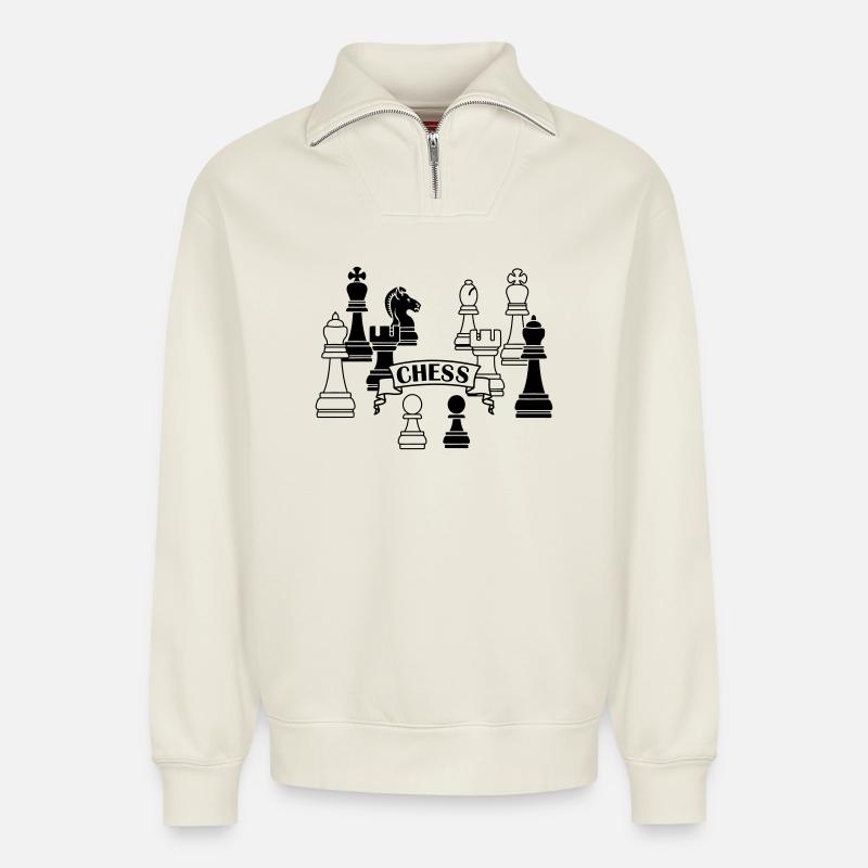 Pièces d’échecs - Sweat unisexe décontracté en coton biologique à demi-zip – de SPREAD - blanc cassé