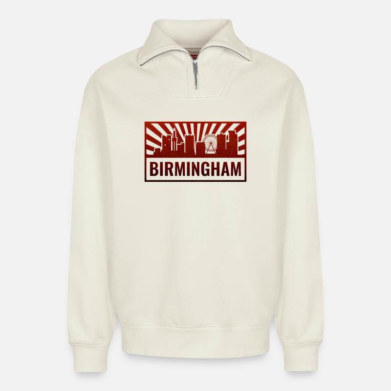 Birmingham Skyline Silhouette - Relaxed Unisex Organic Half Zip Sweatshirt – von SPREAD - Naturweiß