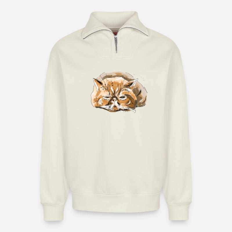 Chat persan - Sweat unisexe décontracté en coton biologique à demi-zip – de SPREAD - blanc cassé