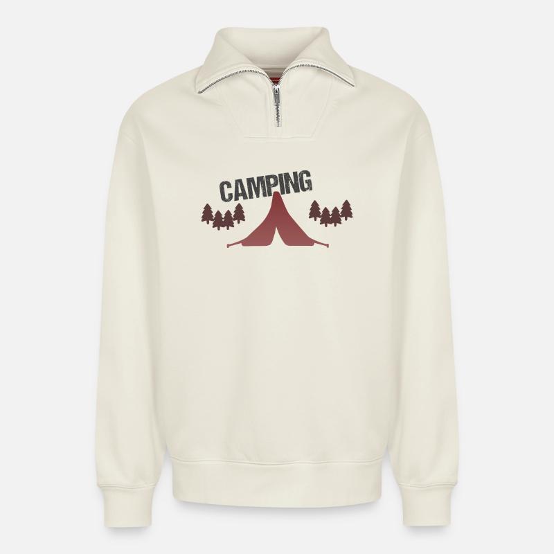Sunset Forest Campingzelt - Relaxed Unisex Organic Half Zip Sweatshirt – von SPREAD - Naturweiß