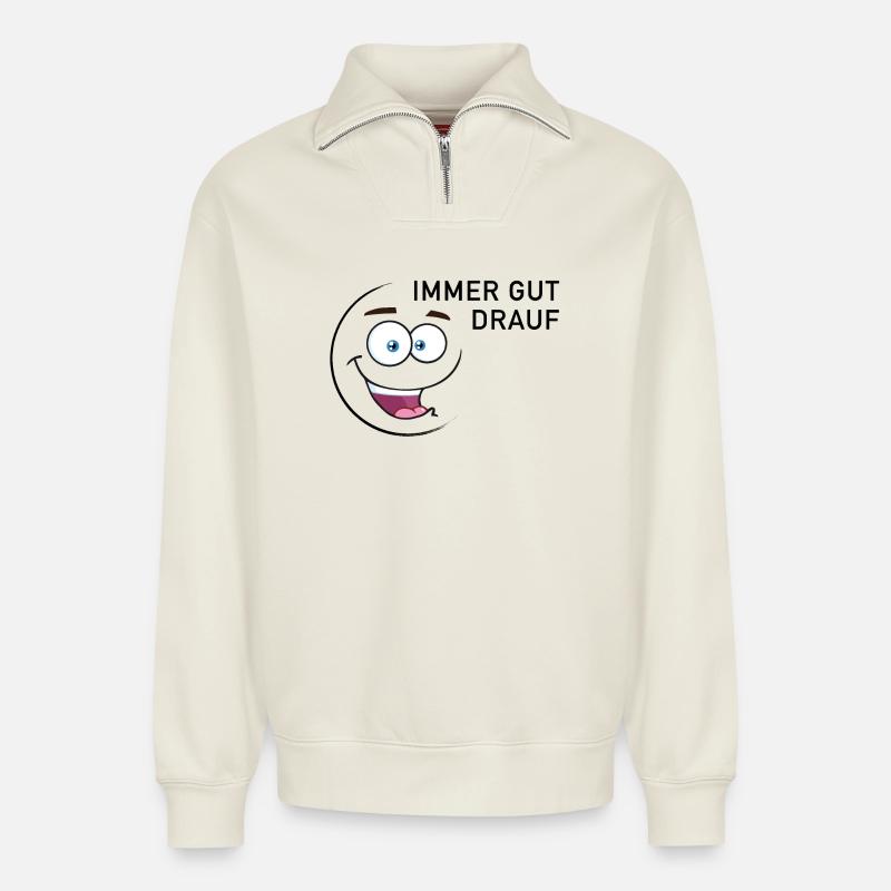 Immer gut drauf | smiley - Relaxed Unisex Organic Half Zip Sweatshirt – von SPREAD - Naturweiß