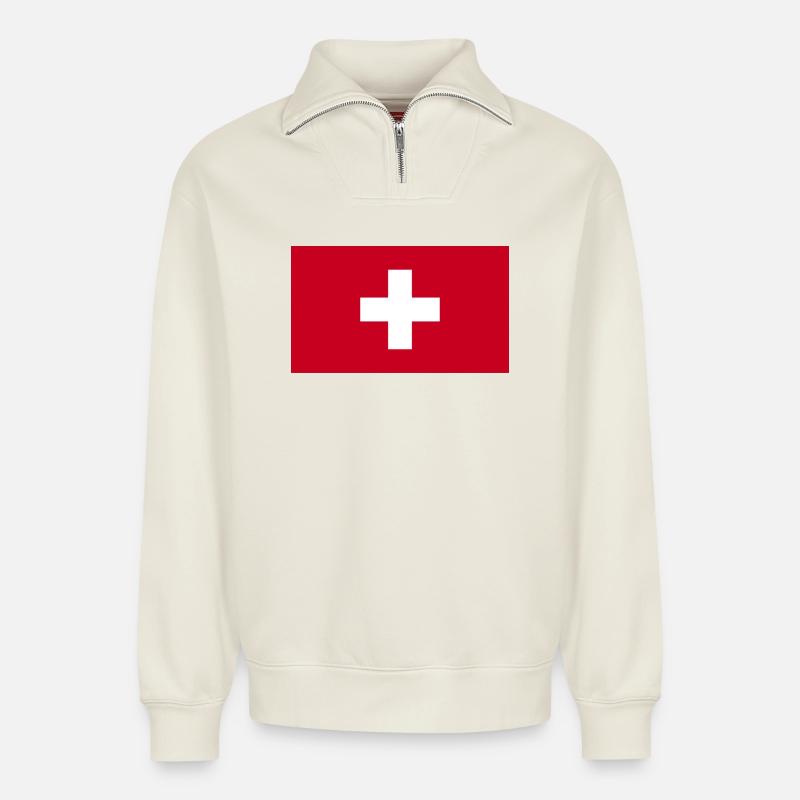 Drapeau suisse - Sweat unisexe décontracté en coton biologique à demi-zip – de SPREAD - blanc cassé