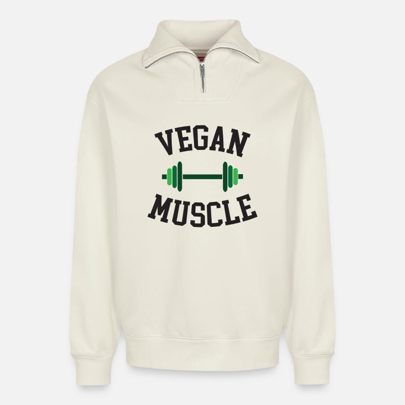 Muscle végétalien - Sweat unisexe décontracté en coton biologique à demi-zip – de SPREAD - blanc cassé
