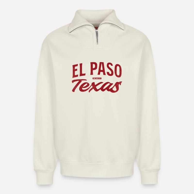 El Paso Texas Retro Script - Relaxed Unisex Organic Half Zip Sweatshirt – by SPREAD - off white