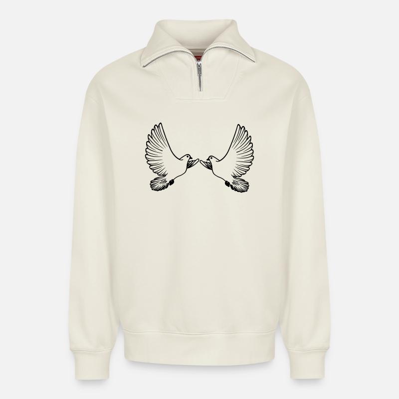 Two pigeons transparent - Relaxed Unisex Organic Half Zip Sweatshirt – by SPREAD - off white