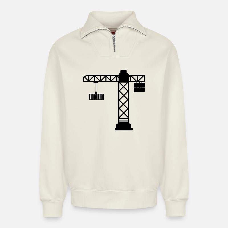 Crane with sea container - Relaxed Unisex Organic Half Zip Sweatshirt – by SPREAD - off white