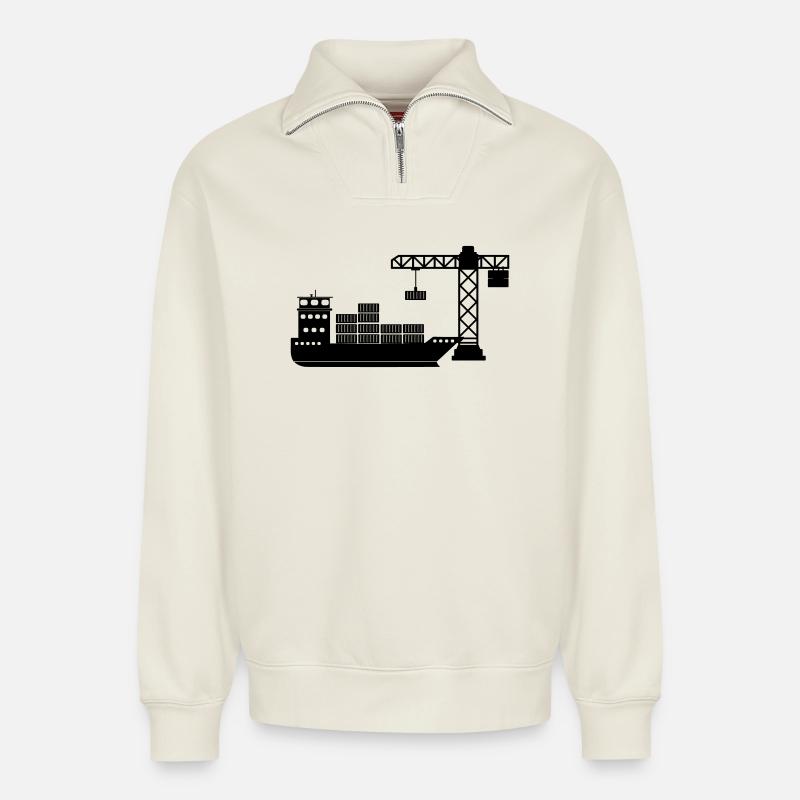 Seecontainerboot mit Kranentladung - Relaxed Unisex Organic Half Zip Sweatshirt – von SPREAD - Naturweiß