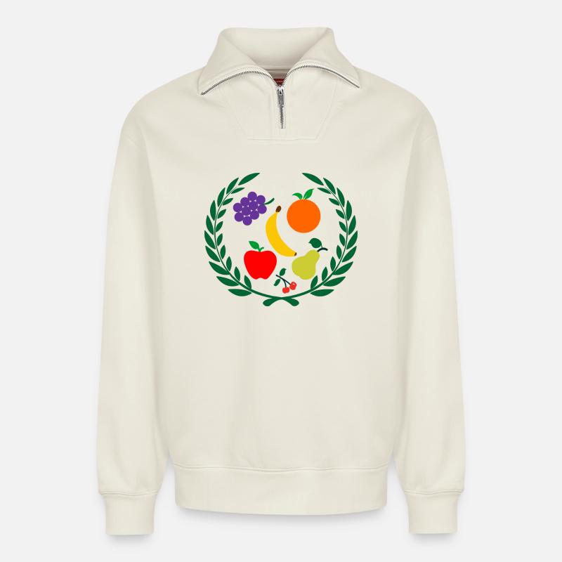 Frucht im Lorbeerkranz - Relaxed Unisex Organic Half Zip Sweatshirt – von SPREAD - Naturweiß