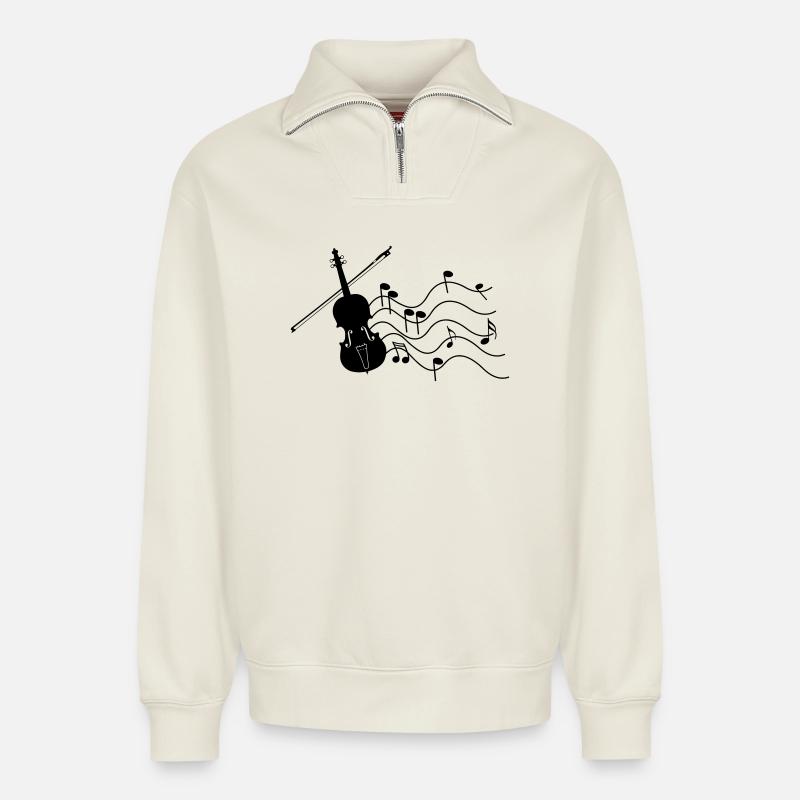 Violin with notes - Relaxed Unisex Organic Half Zip Sweatshirt – by SPREAD - off white