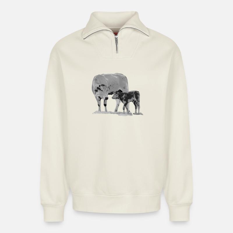 Kuh mit Kalb - Relaxed Unisex Organic Half Zip Sweatshirt – von SPREAD - Naturweiß