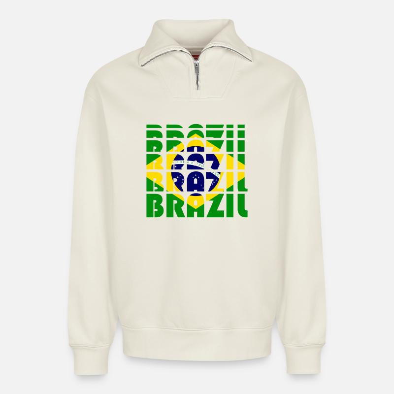 Brazil Flags Grid Pattern - Relaxed Unisex Organic Half Zip Sweatshirt – by SPREAD - off white