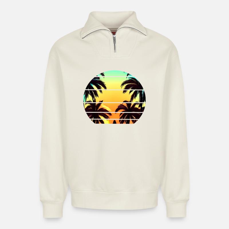 Sunset under palm trees - Relaxed Unisex Organic Half Zip Sweatshirt – by SPREAD - off white