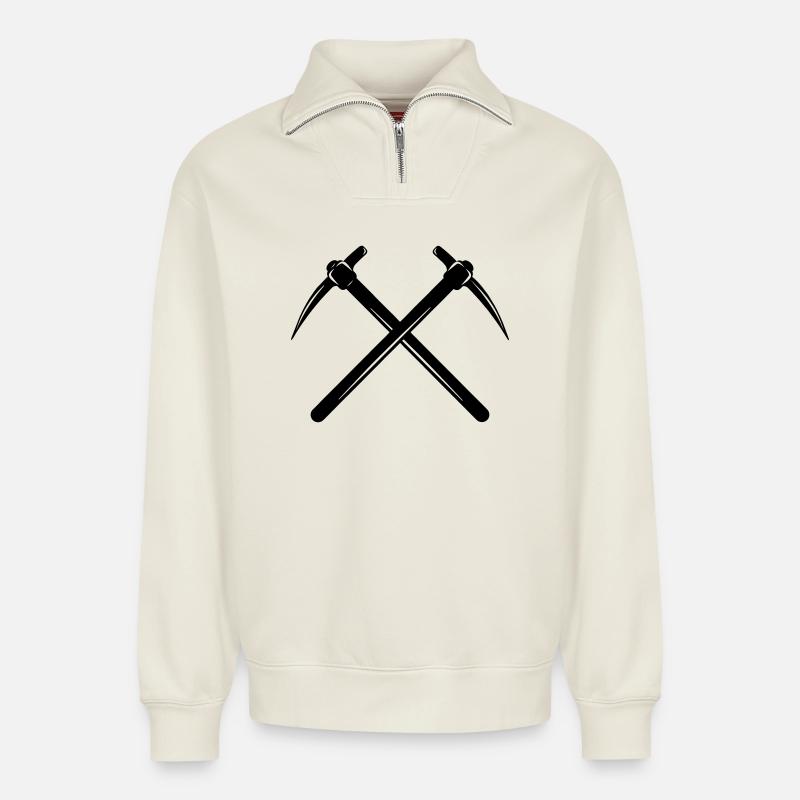 Zwei Spitzhacken gekreuzt - Relaxed Unisex Organic Half Zip Sweatshirt – von SPREAD - Naturweiß