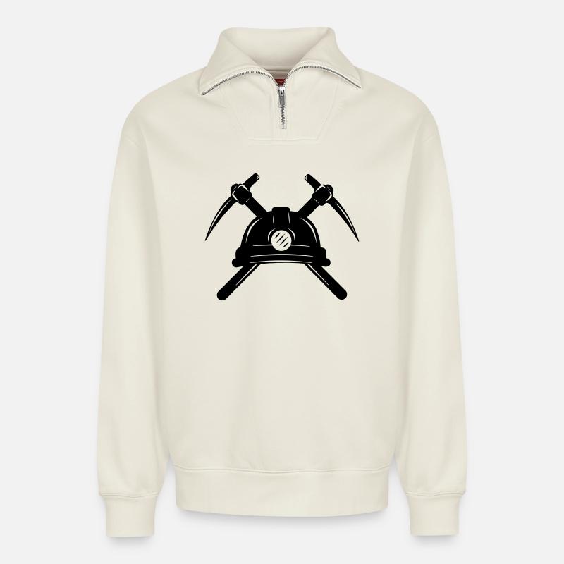 Deux pioches croisées avec casque - Sweat unisexe décontracté en coton biologique à demi-zip – de SPREAD - blanc cassé