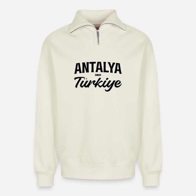 Antalya Türkiye Scriptreise - Relaxed Unisex Organic Half Zip Sweatshirt – von SPREAD - Naturweiß