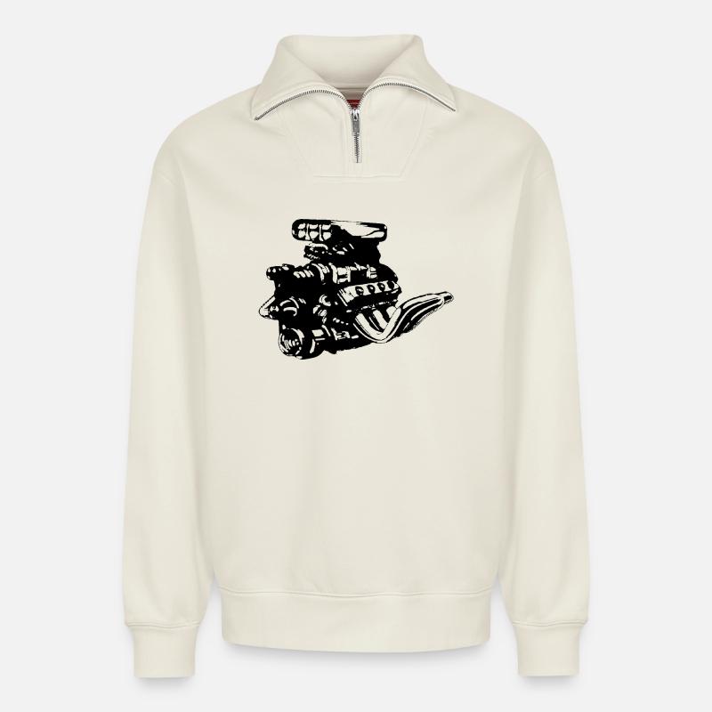 V8 engine - Relaxed Unisex Organic Half Zip Sweatshirt – by SPREAD - off white