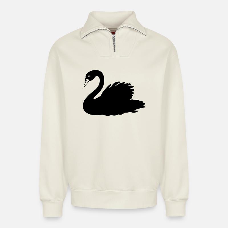 Schwarze Schwanen-Schattenfigur - Relaxed Unisex Organic Half Zip Sweatshirt – von SPREAD - Naturweiß