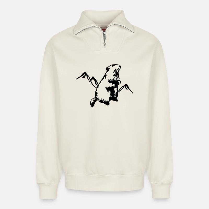 Murmeltier mit Bergen - Relaxed Unisex Organic Half Zip Sweatshirt – von SPREAD - Naturweiß