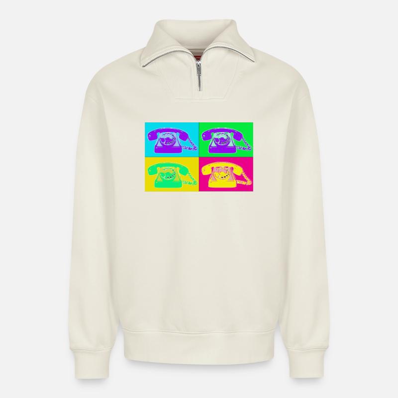 Pop-Art-Quad-Neon-Telefon - Relaxed Unisex Organic Half Zip Sweatshirt – von SPREAD - Naturweiß