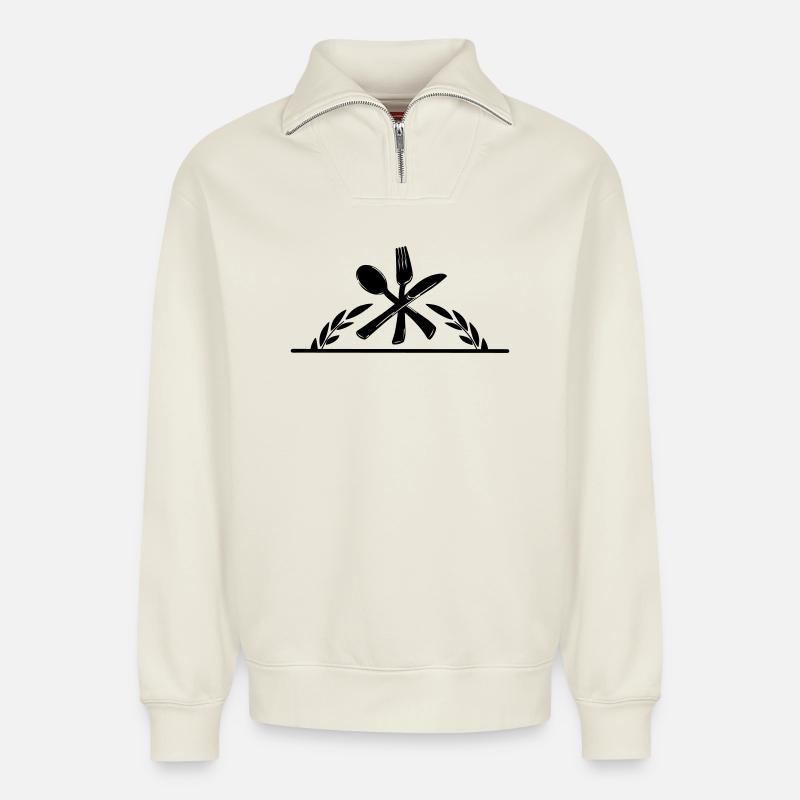 Besteckmenü-Logo mit halbem Lorbeerkranz. - Relaxed Unisex Organic Half Zip Sweatshirt – von SPREAD - Naturweiß