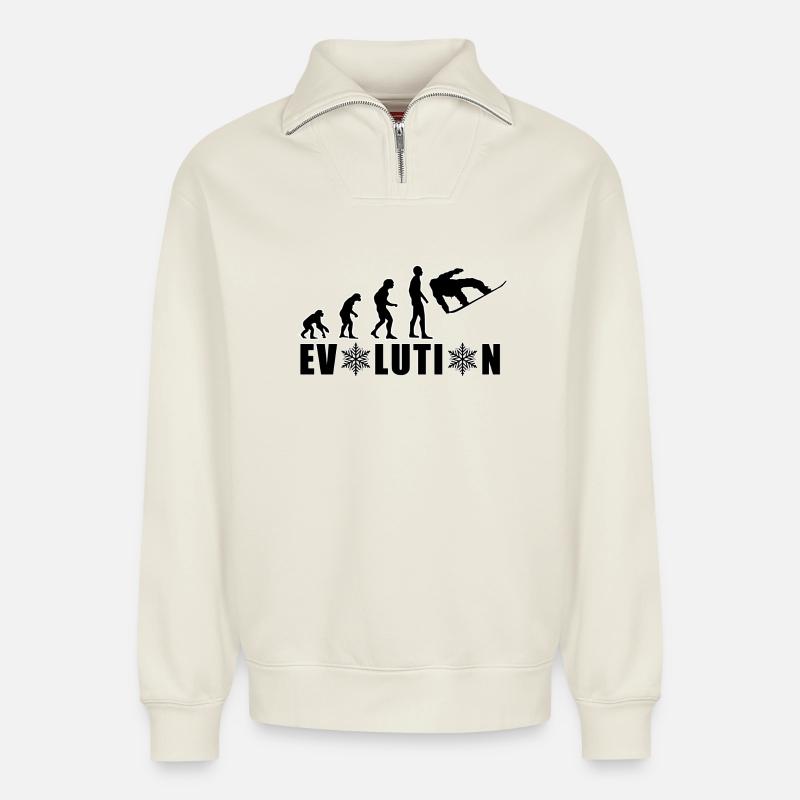 EVOLUTION SNOWBOARD Schnee Winter Geschenk - Relaxed Unisex Organic Half Zip Sweatshirt – von SPREAD - Naturweiß
