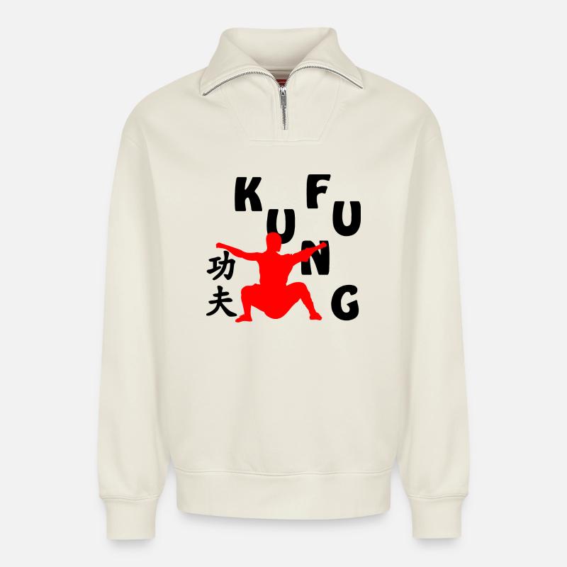 Silhouette d’ombre de moine Shaolin - Sweat unisexe décontracté en coton biologique à demi-zip – de SPREAD - blanc cassé