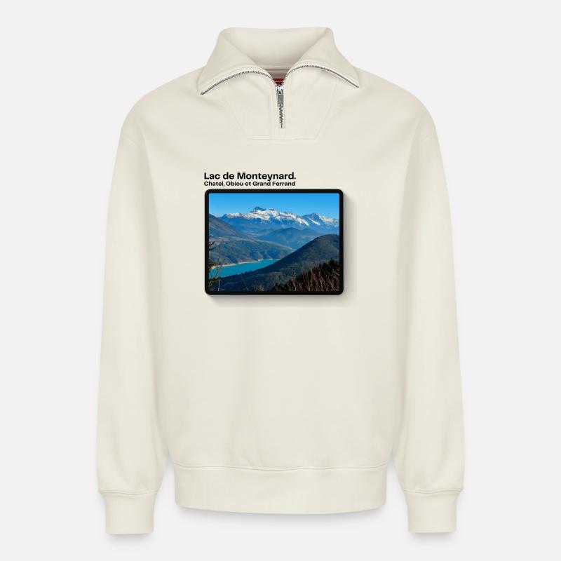 Lac de monteynard - Sweat unisexe décontracté en coton biologique à demi-zip – de SPREAD - blanc cassé