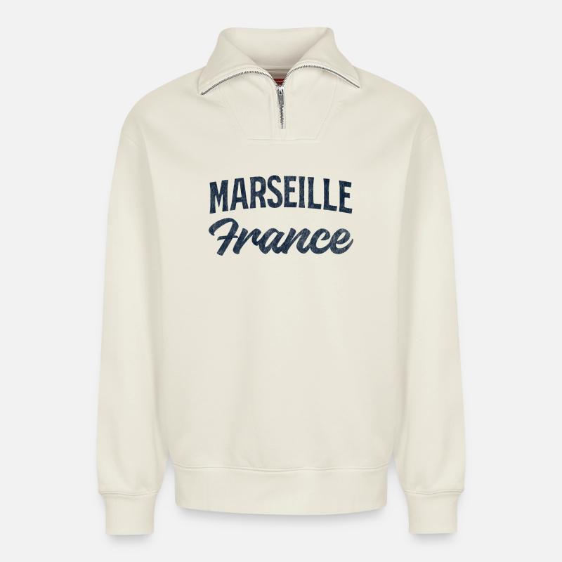 Marseille Frankreich Retro Script - Relaxed Unisex Organic Half Zip Sweatshirt – von SPREAD - Naturweiß