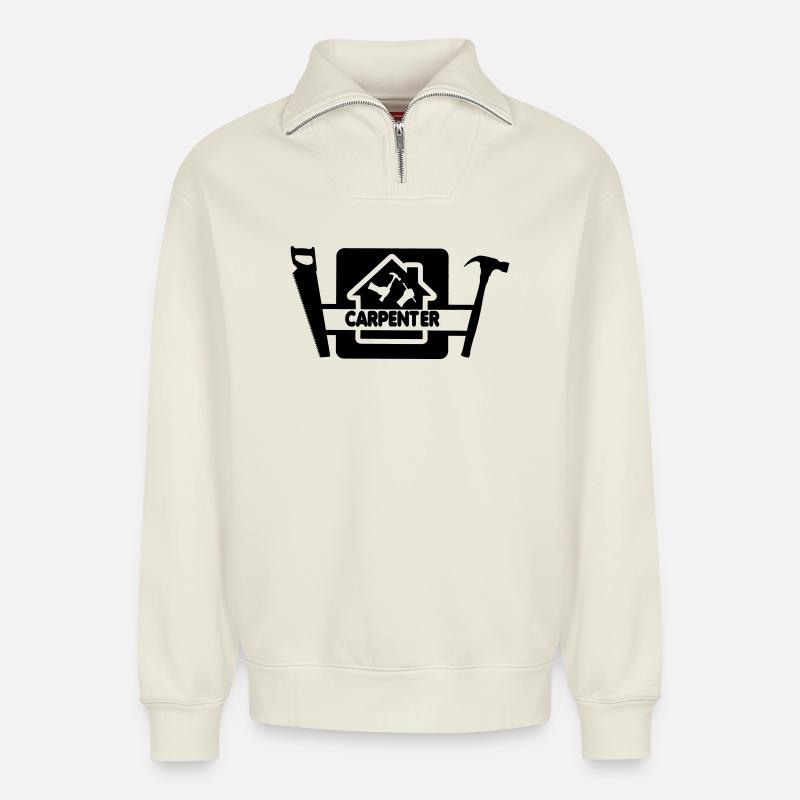 Logo with text carpenter - Relaxed Unisex Organic Half Zip Sweatshirt – by SPREAD - off white