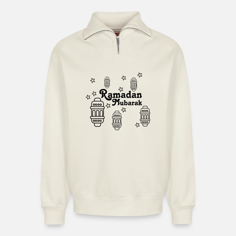 Ramadan Mubarak lights, asterisks - Relaxed Unisex Organic Half Zip Sweatshirt – by SPREAD - off white