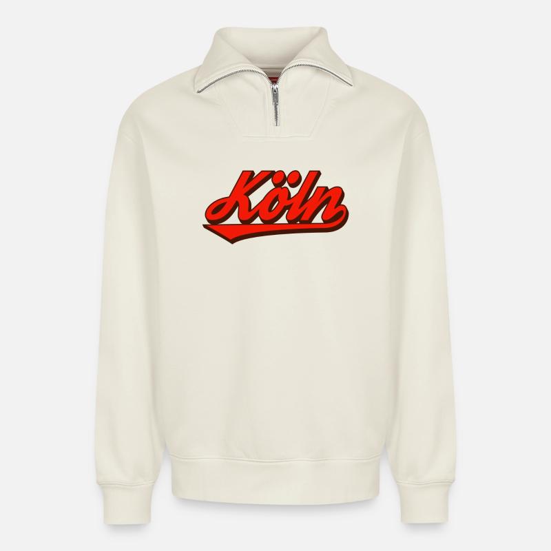 Köln Retro Script Logo Rot - Relaxed Unisex Organic Half Zip Sweatshirt – von SPREAD - Naturweiß