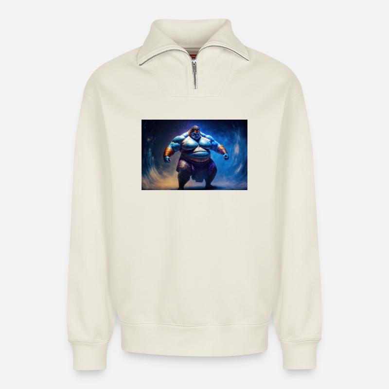 Sumo God - Relaxed Unisex Organic Half Zip Sweatshirt – by SPREAD - off white