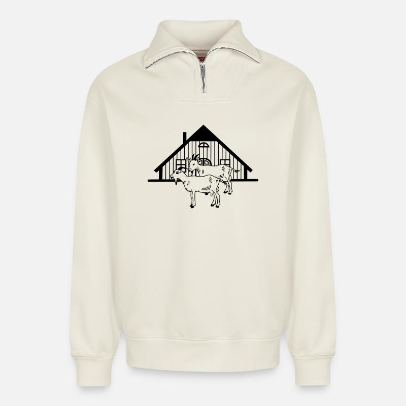 Élevage de chèvres ou étable - Sweat unisexe décontracté en coton biologique à demi-zip – de SPREAD - blanc cassé