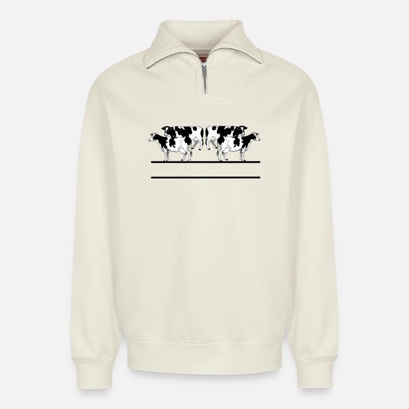 Schwarz-Weiß-Monogramm mit vier Kühen - Relaxed Unisex Organic Half Zip Sweatshirt – von SPREAD - Naturweiß