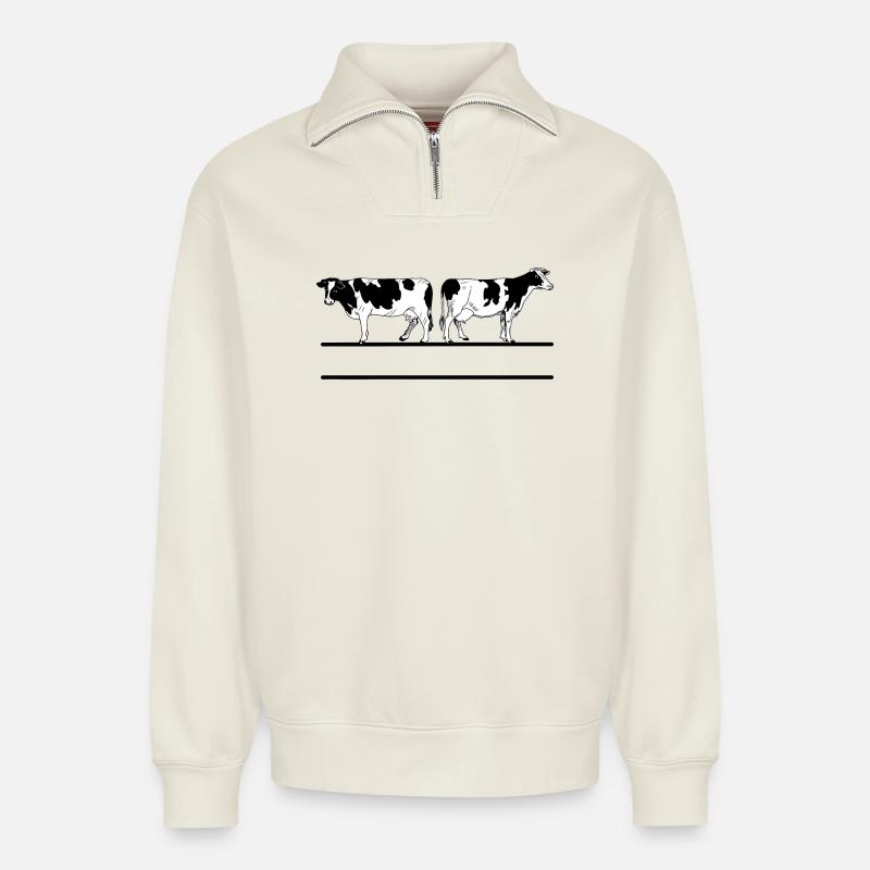 Black white cows monogram - Relaxed Unisex Organic Half Zip Sweatshirt – by SPREAD - off white