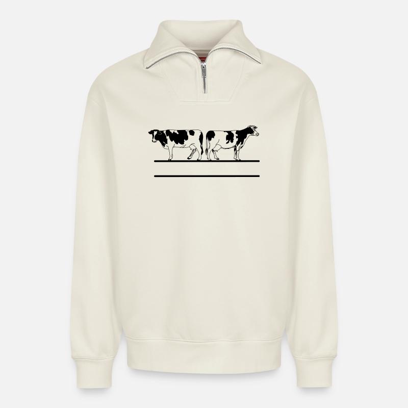 Monogramme de vache transparent - Sweat unisexe décontracté en coton biologique à demi-zip – de SPREAD - blanc cassé