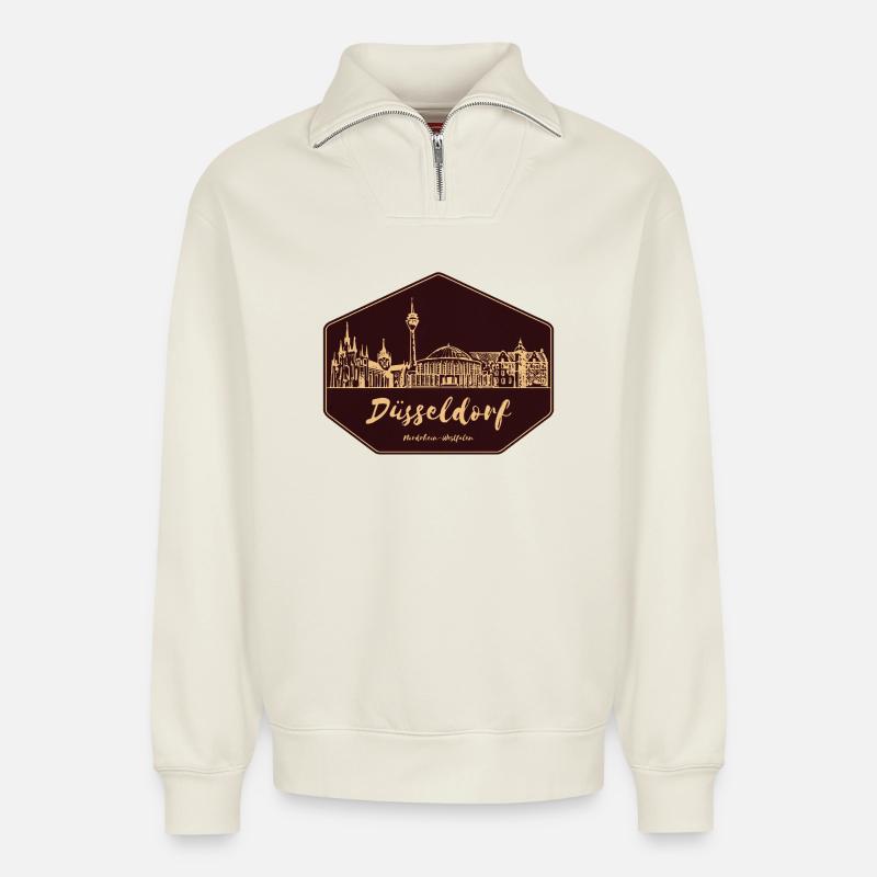 Düsseldorfer Skyline Badge - Relaxed Unisex Organic Half Zip Sweatshirt – von SPREAD - Naturweiß