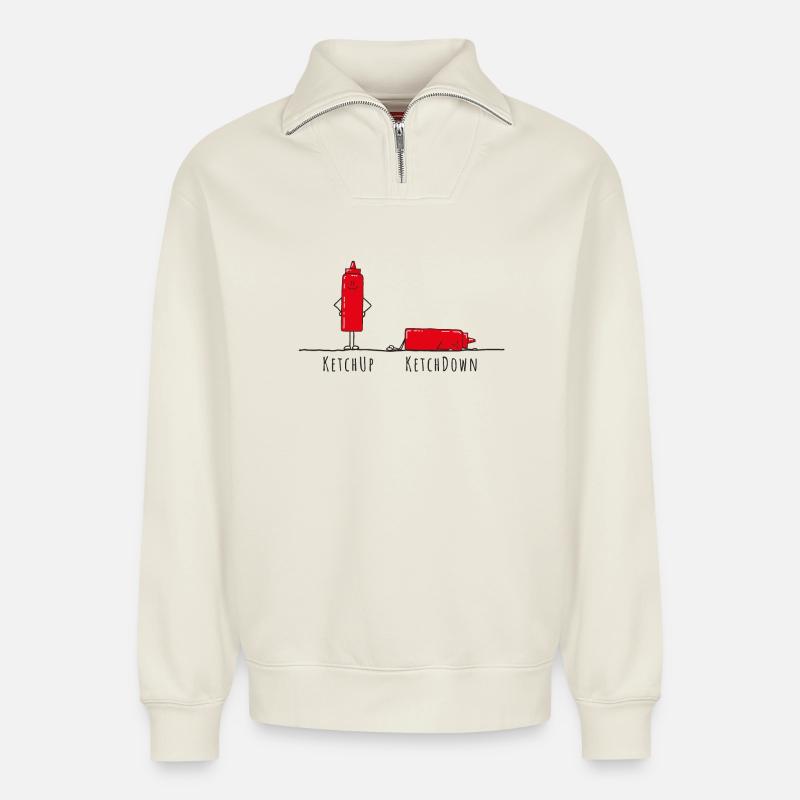Ketchup - Ketchdown, Wortspiel - Relaxed Unisex Organic Half Zip Sweatshirt – von SPREAD - Naturweiß