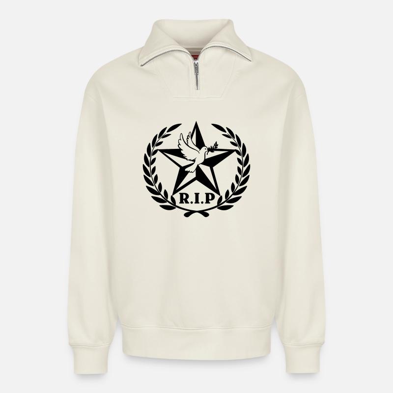 R.I.P Sterntaube Lorbeerkranz - Relaxed Unisex Organic Half Zip Sweatshirt – von SPREAD - Naturweiß