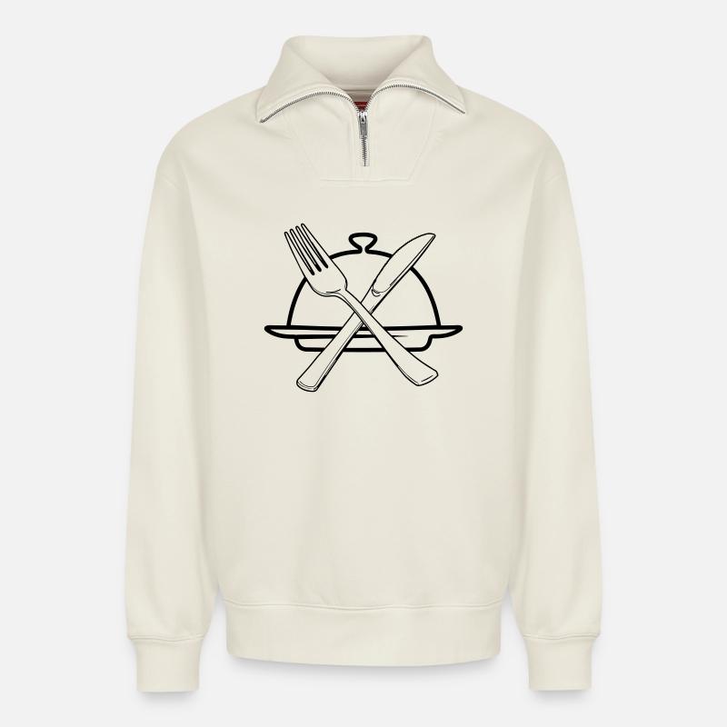 Transparente Schüssel mit Messer und Gabel - Relaxed Unisex Organic Half Zip Sweatshirt – von SPREAD - Naturweiß