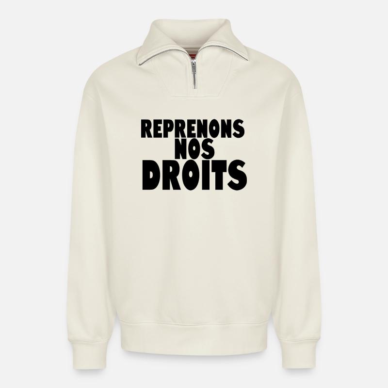 Reprenons nos doits manif - Sweat unisexe décontracté en coton biologique à demi-zip – de SPREAD - blanc cassé